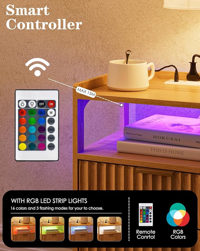 Nightstand with Charging Station and LED Lights, Modern Bedside Table with - Image 3