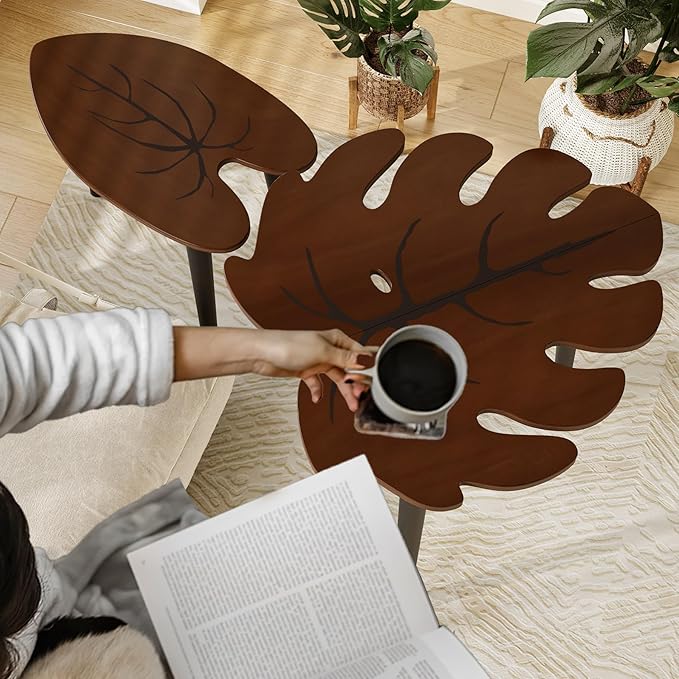 BAMEOS Monstera Leaf Nesting Tables Set of 2, Small Coffee Table Set - Image 4
