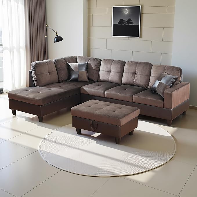 L Shaped Couch Upholstered Flannel Fabric 3 Pieces Sofas - Image 4