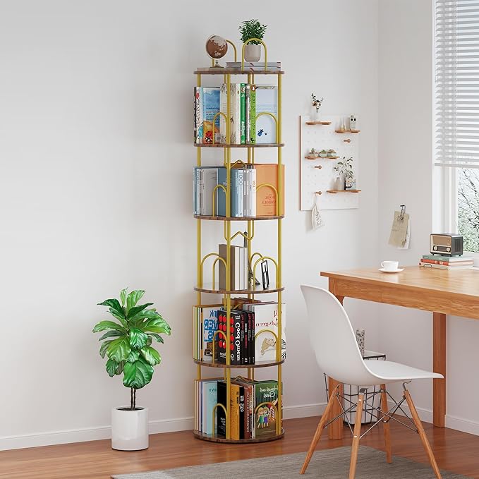 5 Tier Rotating Bookshelf, 360° Spinning Bookshelf Tower, Round Narrow Space - Image 6