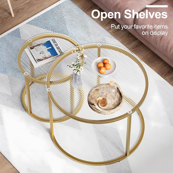 aboxoo Nesting Coffee Table Set of 2, Small Round Glass Nesting Tables - Image 4