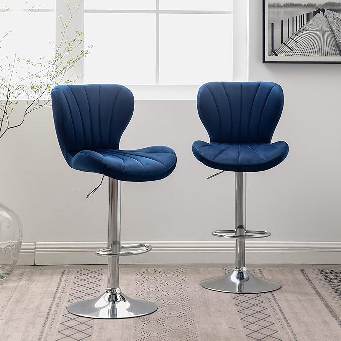 Roundhill Furniture Ellston Velvet Adjustable Swivel Barstools in Blue - Image 8