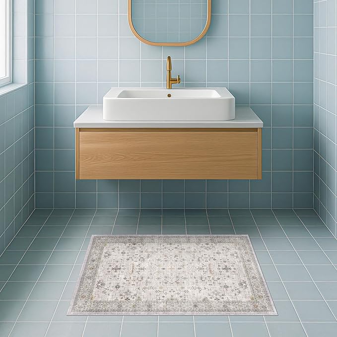 Light Grey Boho Bathroom Rug 2x3 by HazoHaus