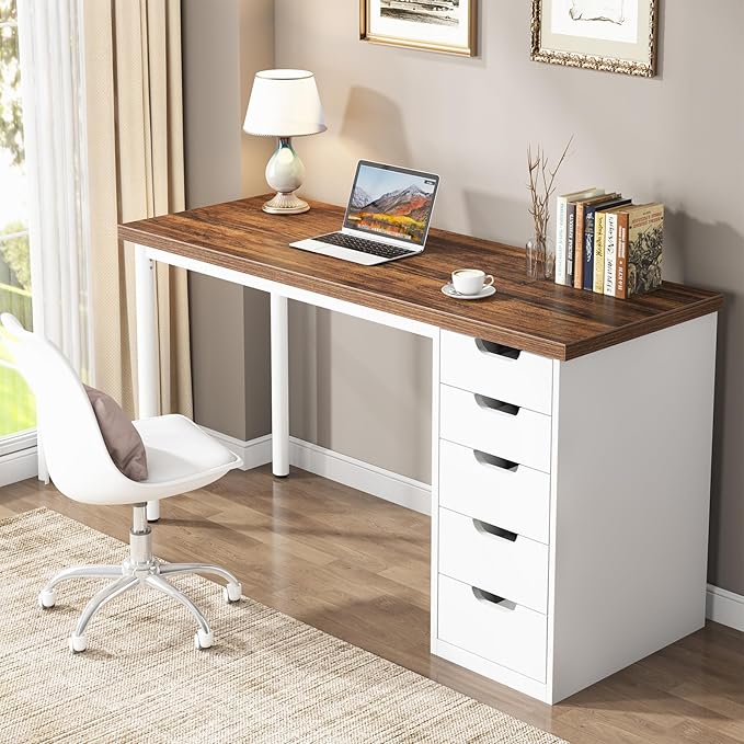 Tribesigns Computer Desk with 5 Drawers, 47 inches Rustic Brown Home Office - Image 5