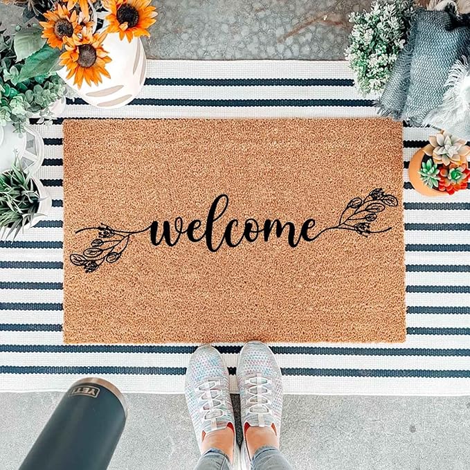 Funny Coir Doormat with Welcome Floral Design Botanical Theme - Image 5