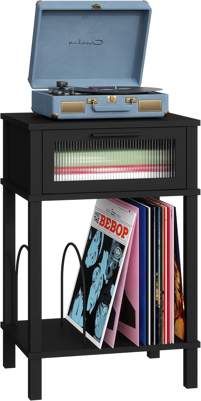End Table with Record Player Stand, Side Table with Storage, 2-Tier Nightstand by MMEOLUOOK