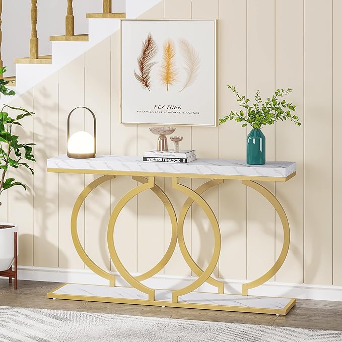 LITTLE TREE 55 inch Faux Marble Gold Console Table Modern Entryway Table Narrow - Image 5