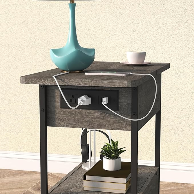 SOOWERY End Table with Charging Station, Narrow Side Table with Flip Top - Image 5