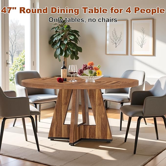 Round Dining Table for 4, 47 Inch Dinner Table Farmhouse Wooden Circle Kitchen - Image 3