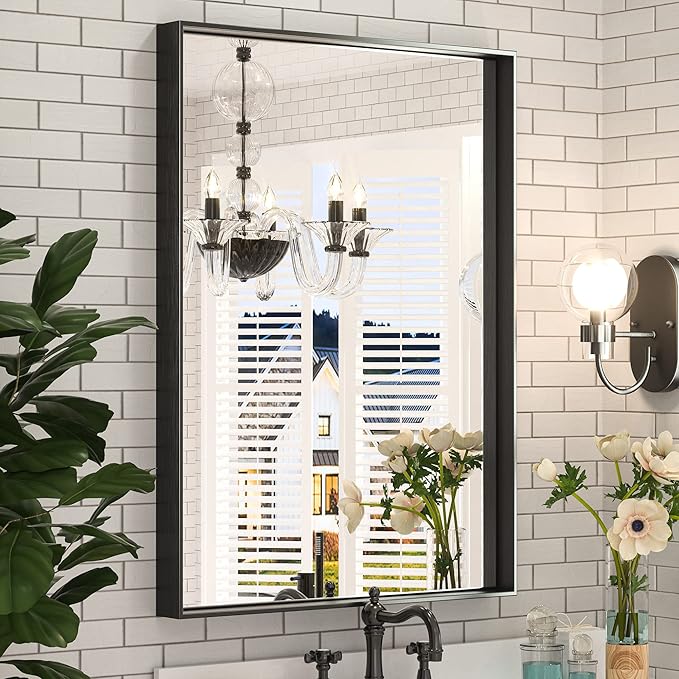 Keonjinn Black Bathroom Mirror 22 x 30 Inch, Brushed Black Framed Mirror by Keonjinn