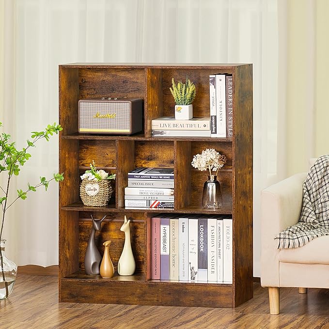 LEYAOYAO 7 Cube Bookshelf with Base, 3 Tier Mid-Century Modern Brown Bookcase - Image 6