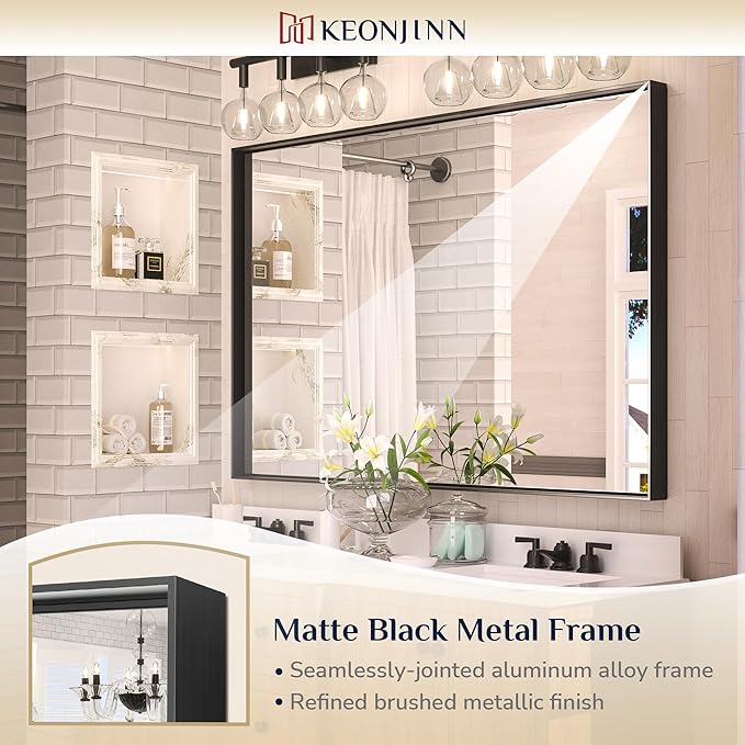 Keonjinn Black Mirror for Bathroom 55 x 36 Inch Rectangle Mirror Large Matte - Image 6