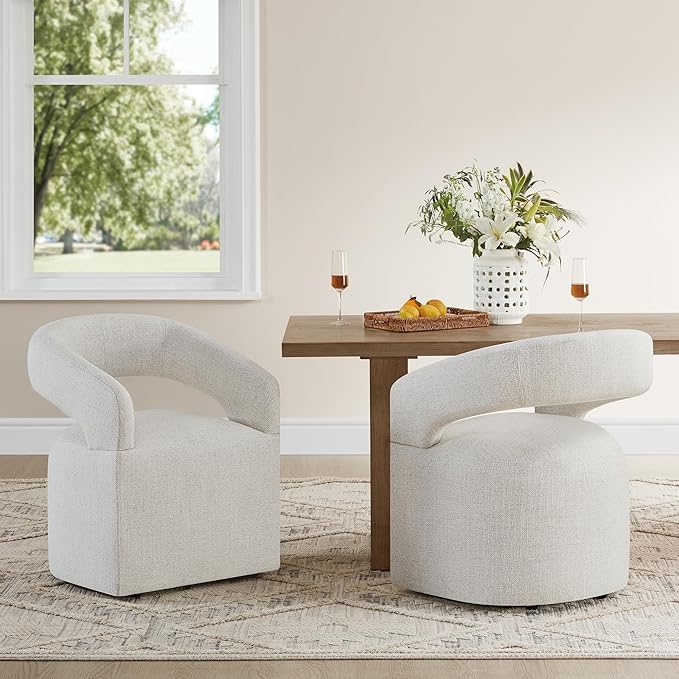 Upholstered Dining Chairs with Casters Modern Barrel Side Armchair with Rollers - Image 8