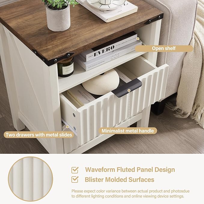 Antique White Nightstand with Charging Station Set of 2-20 Inch Wide Farmhouse - Image 5