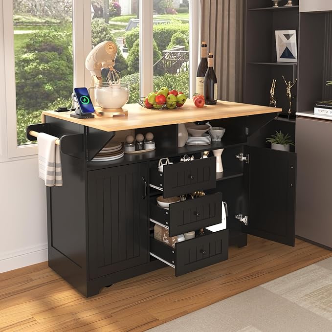 56" Large Kitchen Island with 2 Drop Leafs, Rolling Kitchen Cart on 5 Wheels by Unknown