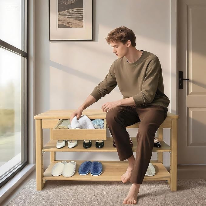 Wood Shoe Bench Entryway with Drawer: 2-Tiers Wooden Storage Shoe Rack with - Image 3
