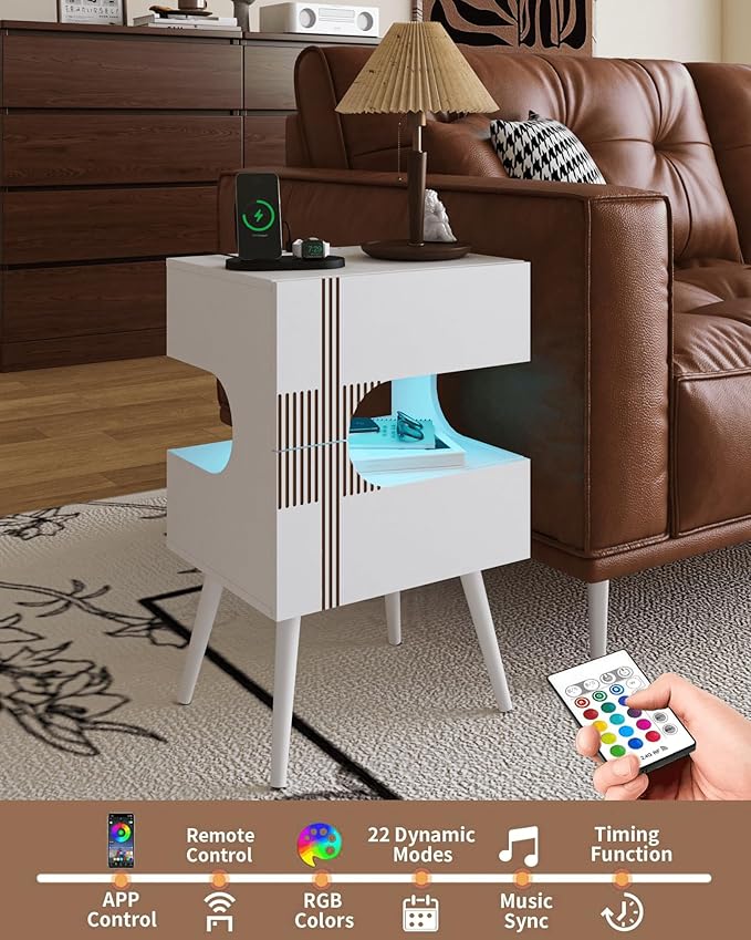 White Nightstand with Charging Station and LED Lights, Modern Bedside Table - Image 5