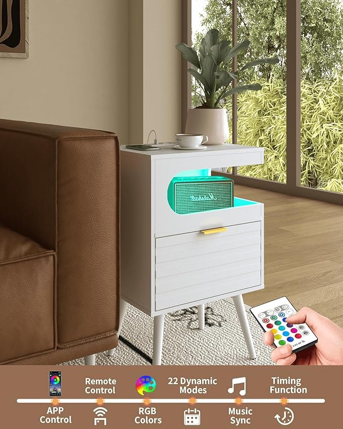 White Nightstand with Charging Station and LED Lights, Modern Bedside Table - Image 4