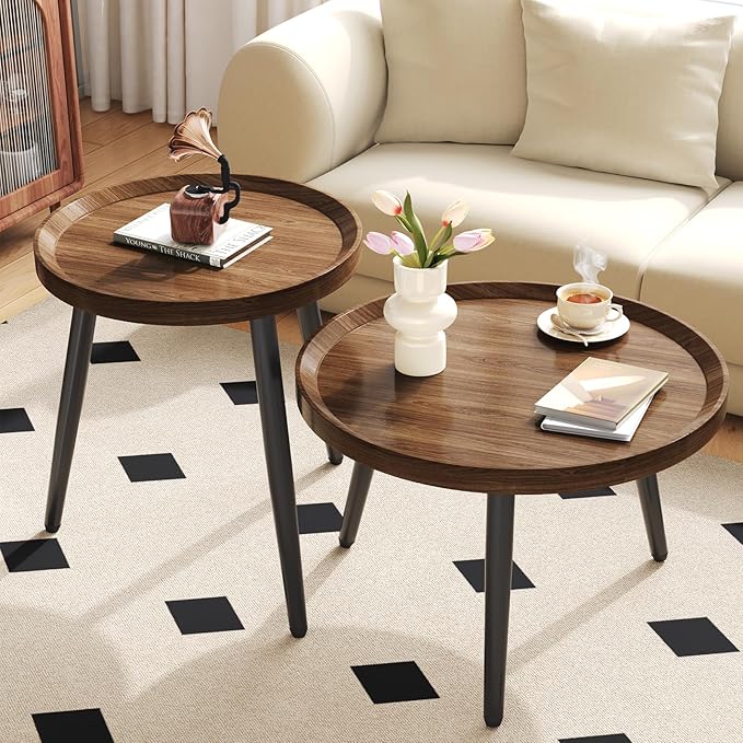 Small Round Coffee Table Set of 2, Walnut Coffee Tables - Image 8