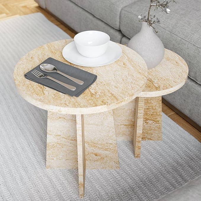 Travertine Efect Round Nesting Coffee Table Set of 2 Modern Coffee Table Small - Image 5