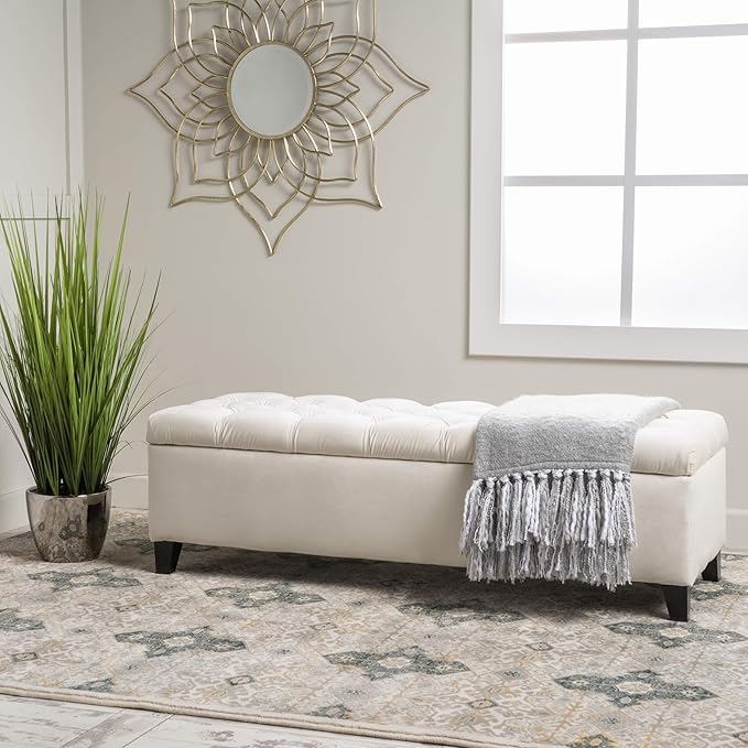 Christopher Knight Home Ottilie Velvet Storage Ottoman, Ivory 17.5”D x 51.0”W x - Image 2