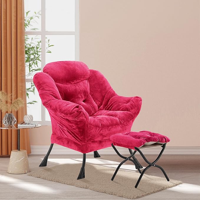 Lazy Chair with Folding Ottoman, Accent Chair Plush Upholstered with Metal - Image 2