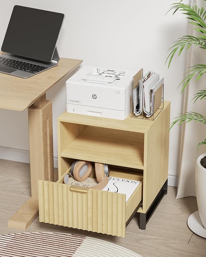 Fluted Night Stand with Charging Station, Wood Nightstand with Large Drawer and - Image 5
