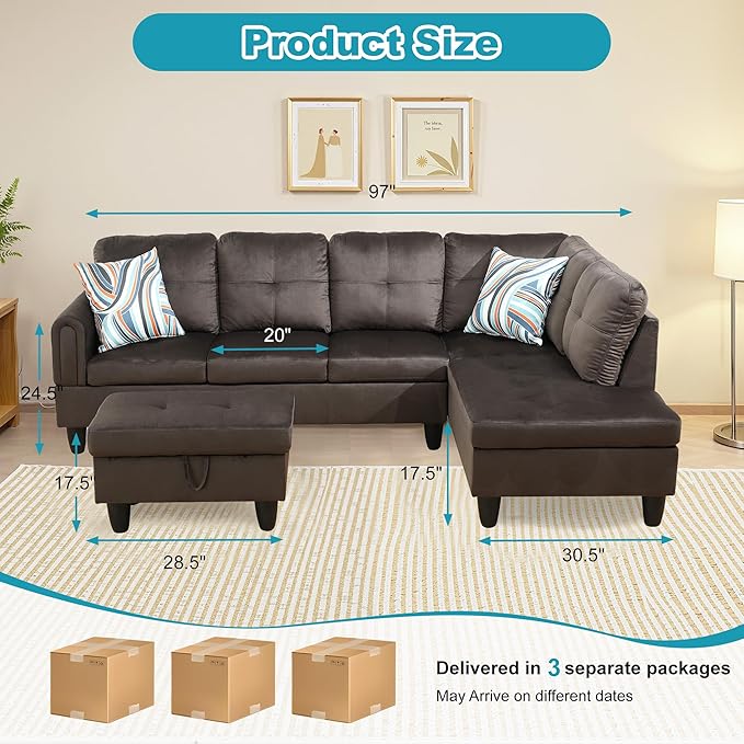 Couches for Living Room Modern L Shaped Couch Comfy Flannel Fabric 3 Pieces - Image 2
