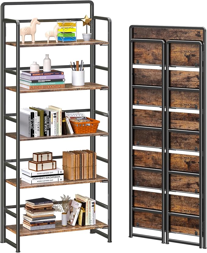 4NM No-Assembly 5 Tiers Folding Bookshelf Storage Shelves Vintage Bookcase by 4NM