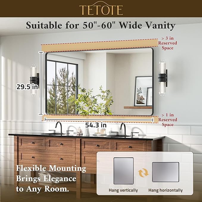 TETOTE Black Frame Mirror 55 x 30 Metal Framed Bathroom Vanity Mirrors - Image 7