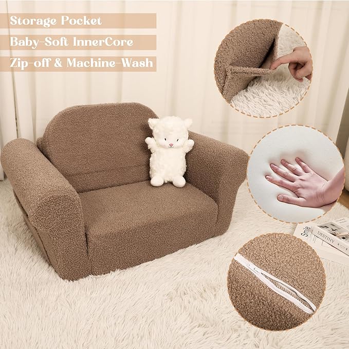 Chairs for Toddler, 2-in-1 Toddler Soft Teddy Baby Couch Fold Out, Convertible - Image 8