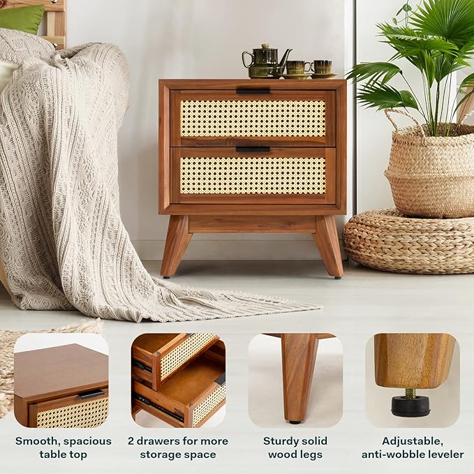 Bme Jasper Deluxe Solid Wood Rattan Nightstand Fully Assembled - Image 3