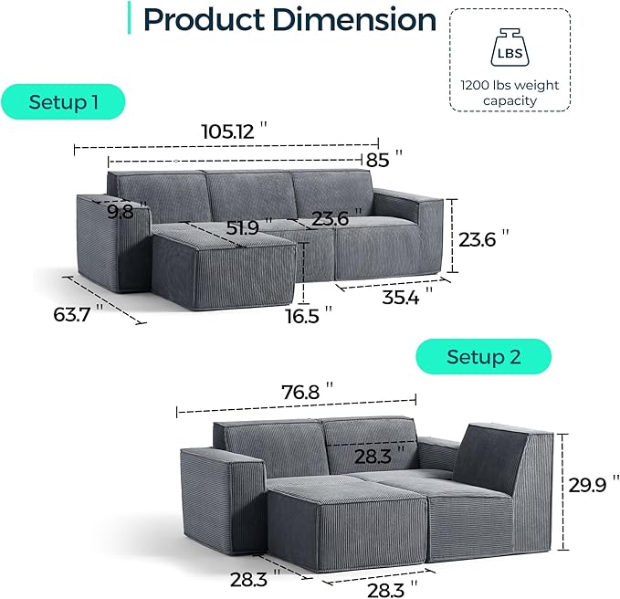 LINSY HOME Oversized Modular Sectional Sofa, Corduroy Deep Seat Modular Couches - Image 2