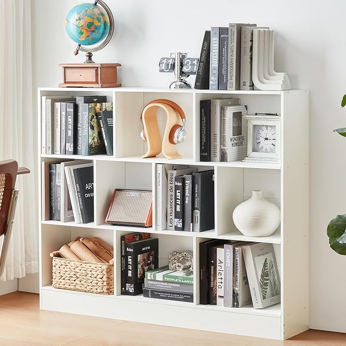 YAHARBO White 10 Cube Bookshelf, 3 Tier Modern Horizontal Bookcase, Wooden Low by YAHARBO