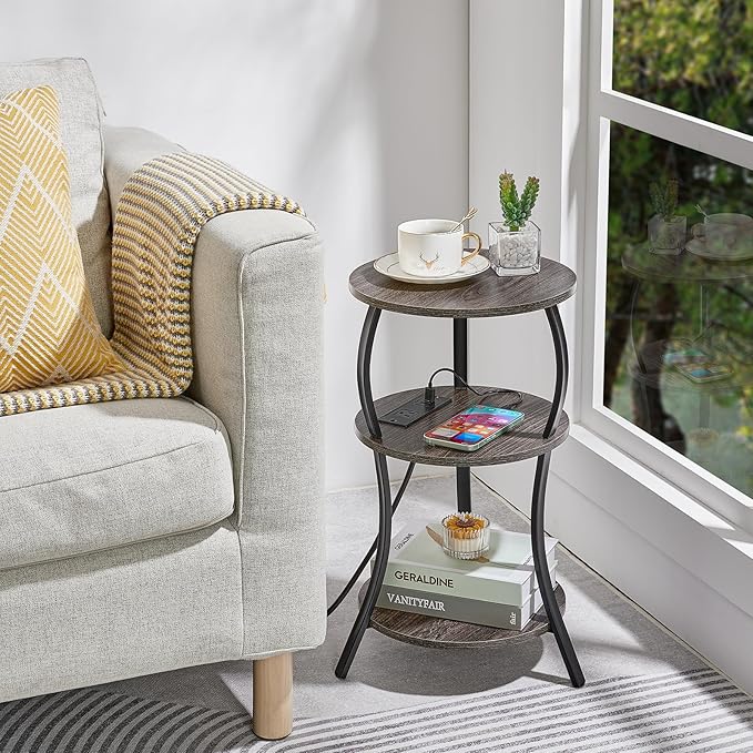 Small Round Side Table with Charging Station, 3-Tier Waist Circular End Table - Image 6
