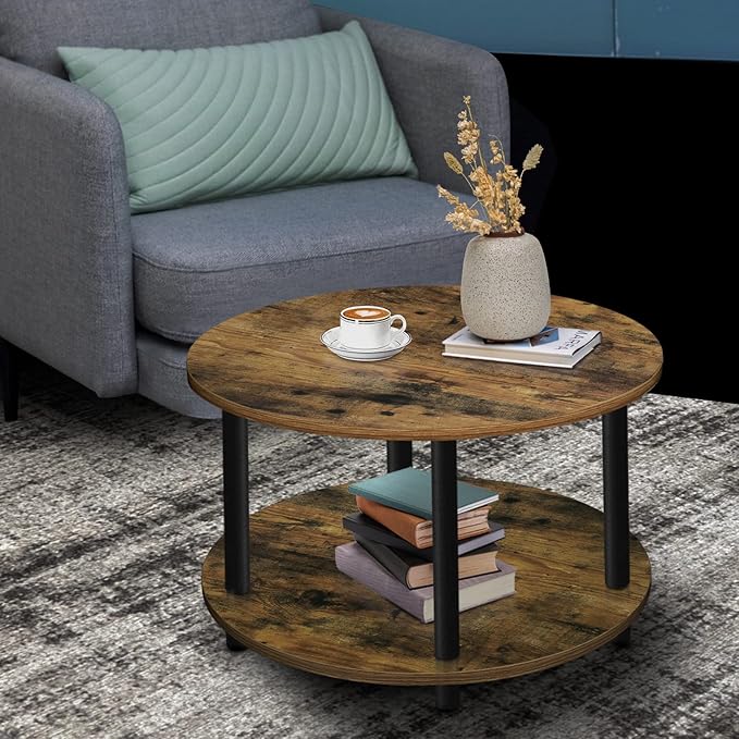 Small Round Coffee Table for Small Space, 23.5" 2-Tier Rustic Brown Wooden - Image 7
