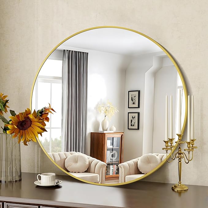 Gold Round Mirror, 39 Inch Wall Mounted Aluminum Alloy Metal Frame Mirror by GLASHOM
