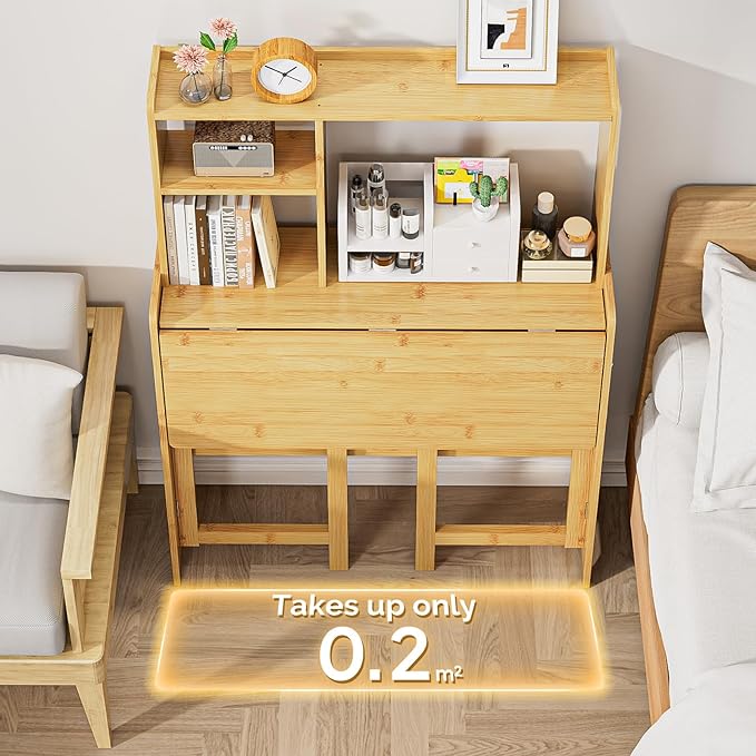31.1" Bamboo Folding Desk with Bookshelf, Compact Computer Desk - Image 3