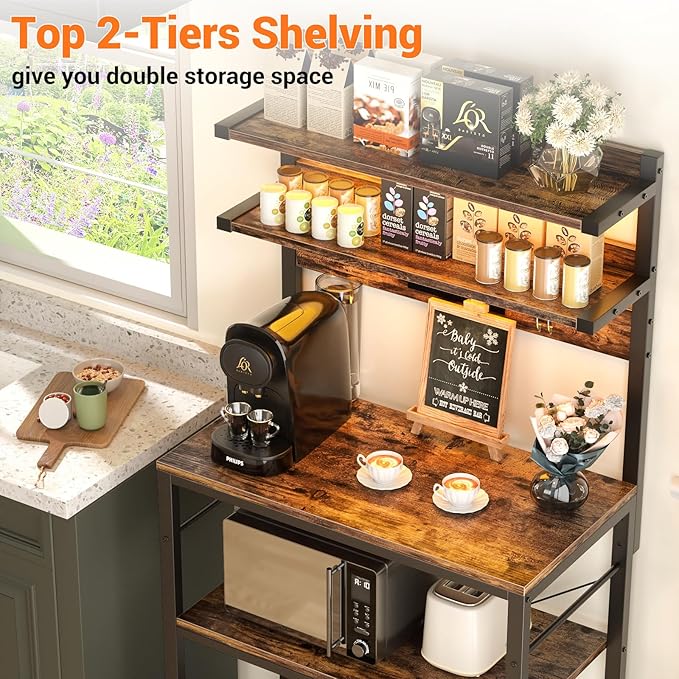 Aheaplus Bakers Rack with Power Outlet, Microwave Stand, 5 Tiers Coffee Bar - Image 6