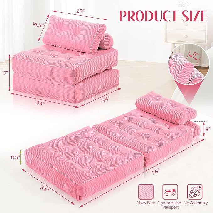 HABUTWAY Folding Sofa Bed, Convertible Sleeper Chair Bed w/Dual-Pillow & Handle - Image 2