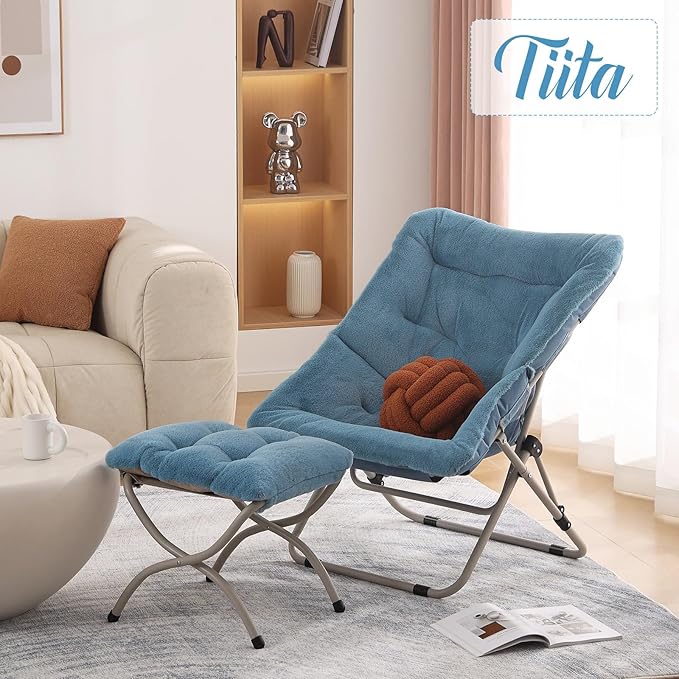 Tiita Folded Chair with Ottoman, Soft Faux Fur Oversized Folding Accent Chair - Image 2