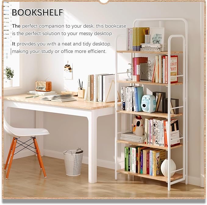 4NM No Assembly Folding Bookshelf 5 Tiers Vintage Industrial White Book Shelf - Image 3