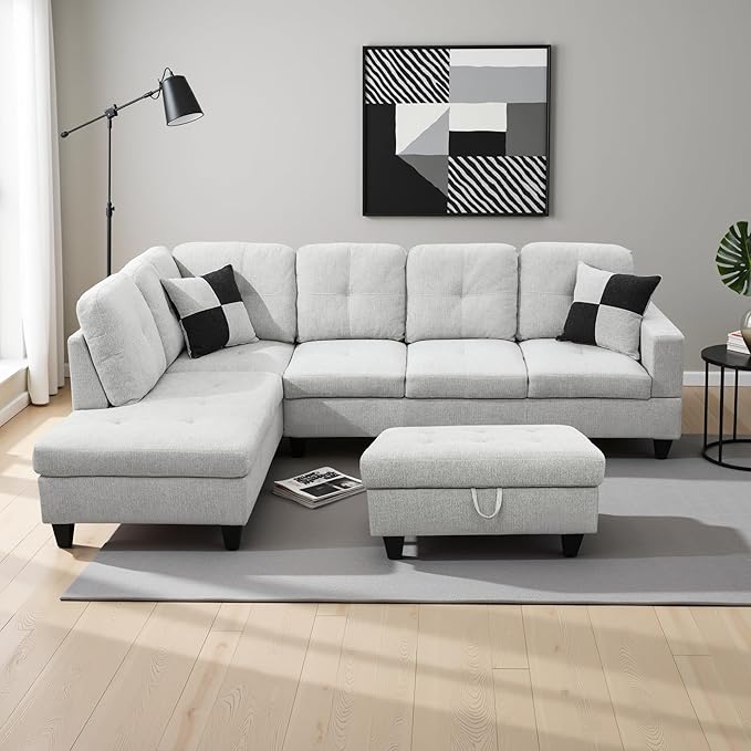 L Shaped Couch Modern Sectional Couch Upholstered Flannel Fabric 3 Pieces Sofas - Image 4