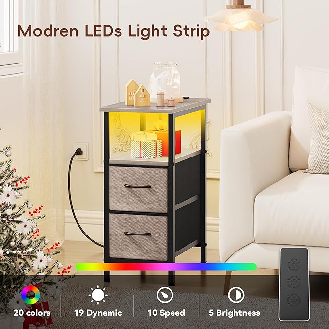 Vagusicc Nightstand with Charging Station and LED Lights, Narrow Side Table - Image 4