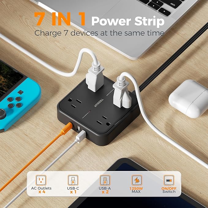Surge Protector Flat Extension Cord 15FT, TESSAN Flat Plug Power Strip - Image 5