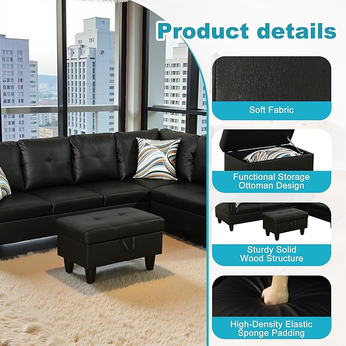 Couches for Living Room Faux Leather L Shaped Couch Comfy 3 Pieces Sectional - Image 5