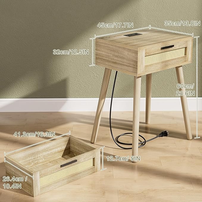 HAIOOU Nightstand with Charging Station Rattan Drawer, Mid Century Modern Side - Image 3