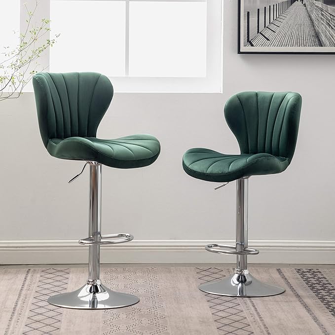 Roundhill Furniture Ellston Velvet Adjustable Swivel Barstools in Green - Image 6