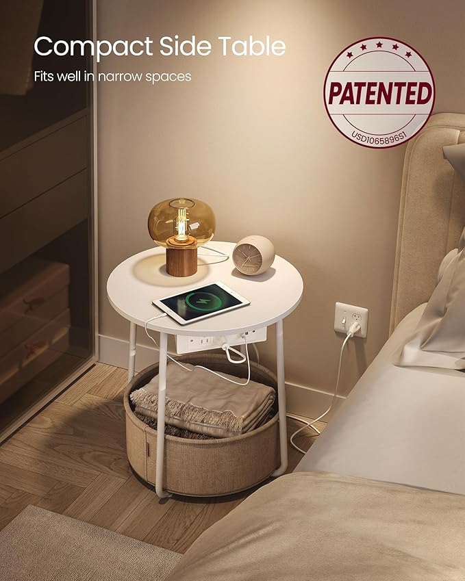 VASAGLE Side Table with Charging Station, Round End Table with Fabric Basket - Image 4