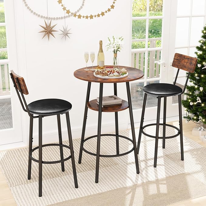 3 Pieces Round Bar Table and Chair Set, Small Dining Table by Zevemomo